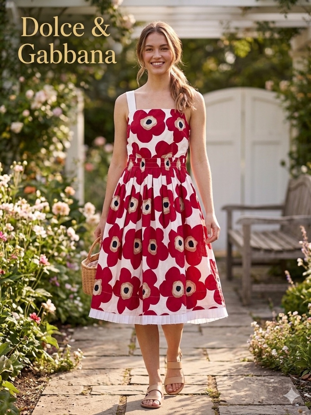 DOLCE GABBANA D&G Poppy Floral Print Cotton Flared Pleated Dress